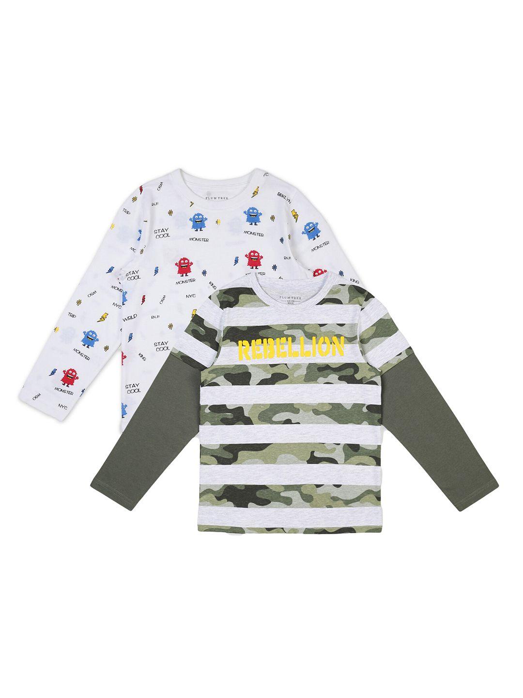 PLUM TREE Boys Pack-2 Off White  Olive Green Printed Pure Cotton T-shirt