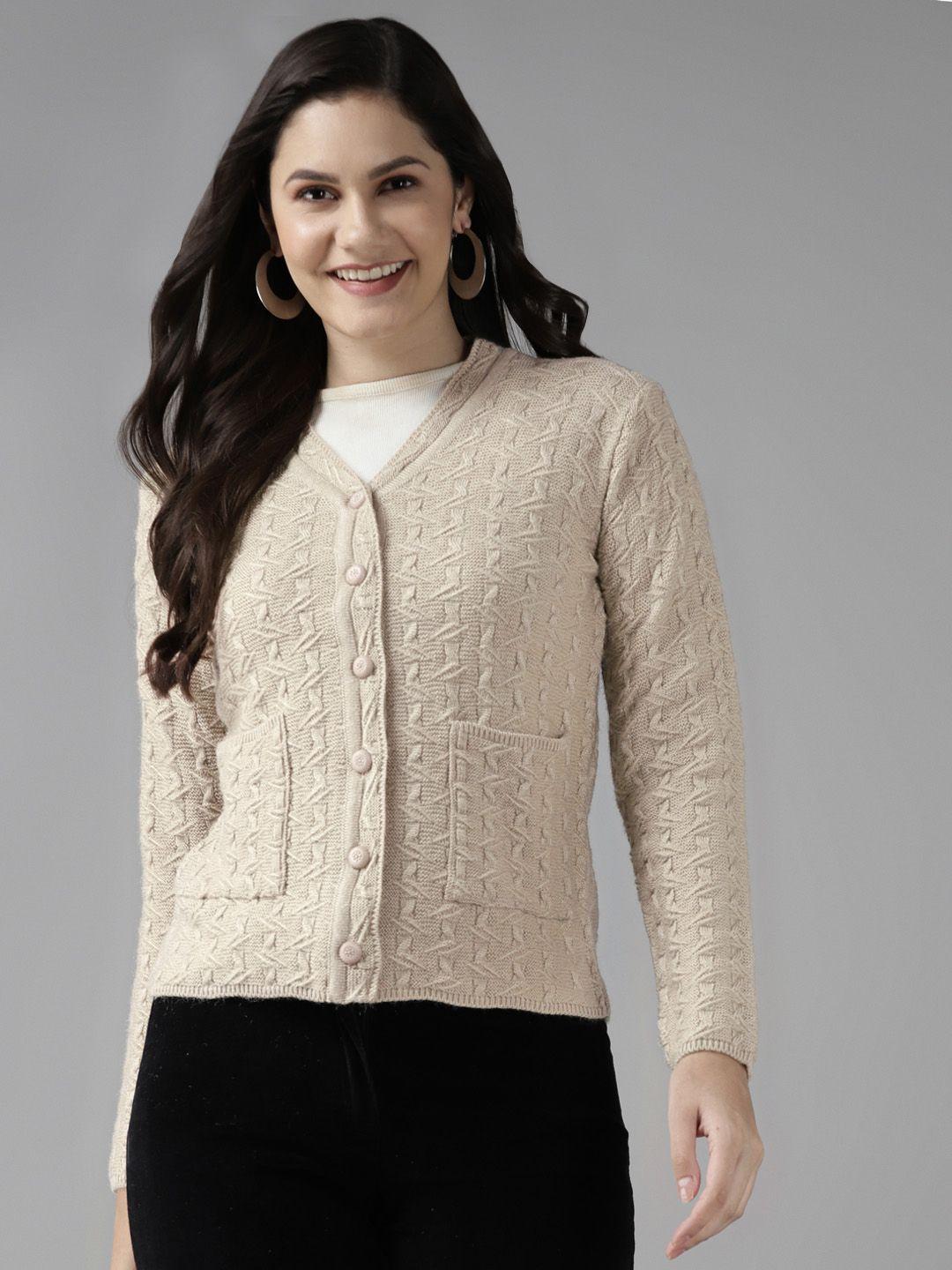 cayman-women-beige-self-designed-cardigan-sweater