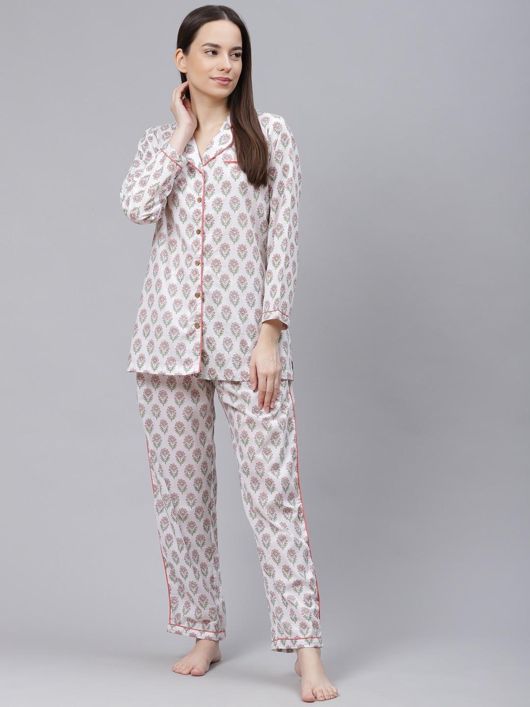 Divena Women White & Pink Printed Pure Cotton Pyjamas Set