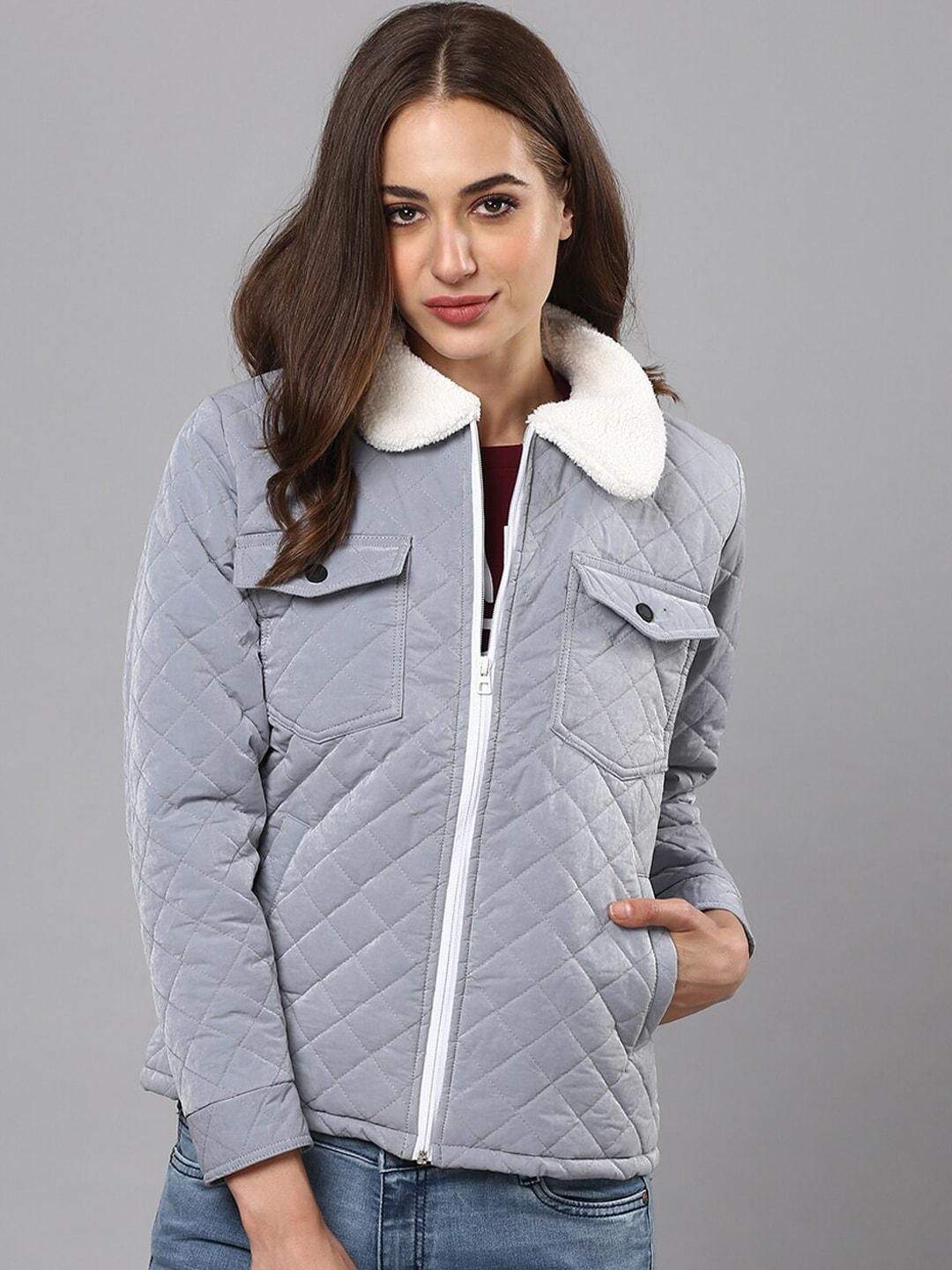 Campus Sutra Women Grey White Windcheater Quilted Jacket