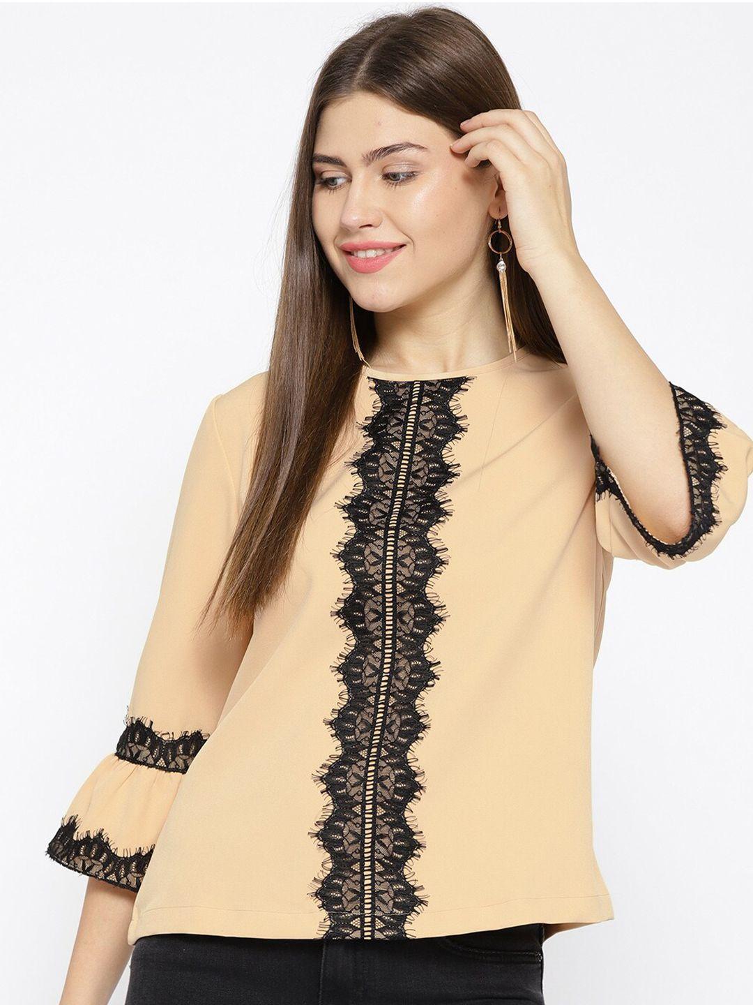 xpose-women-beige-&-black-bell-sleeve-lace-inserts-a-line-top