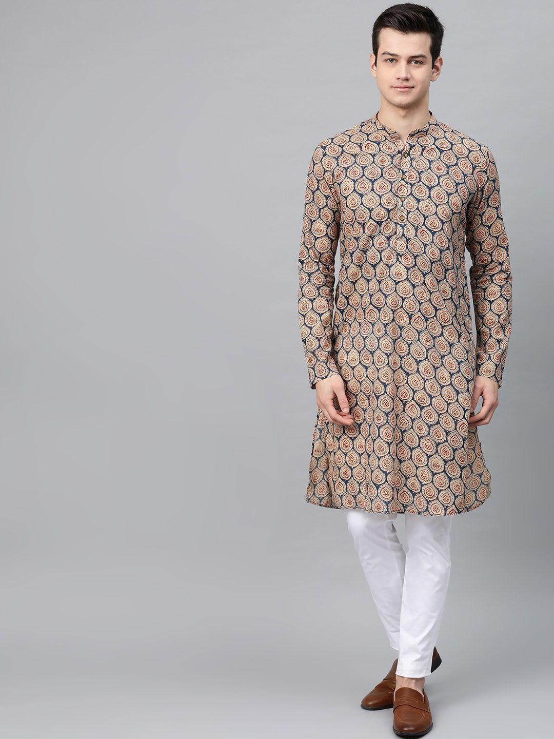 See Designs Men Teal Blue & Beige Ethnic Motifs Print Straight Cotton Kurta with Pyjamas