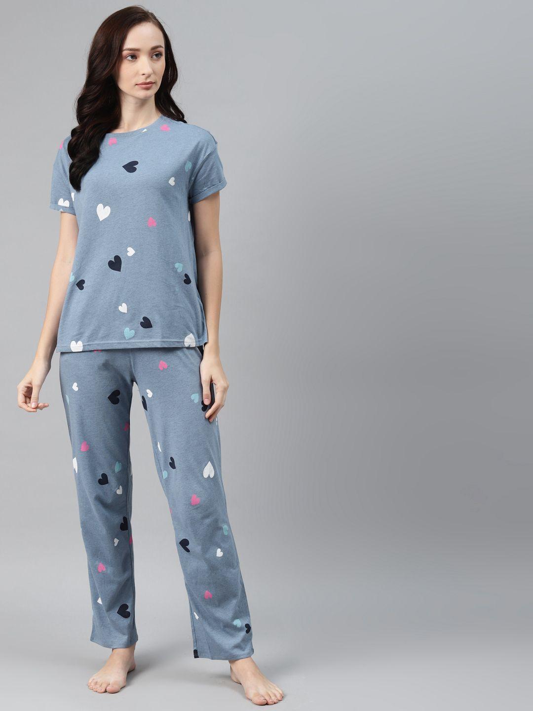 Marks & Spencer Women Blue & Black Heart Print Pyjama Sets