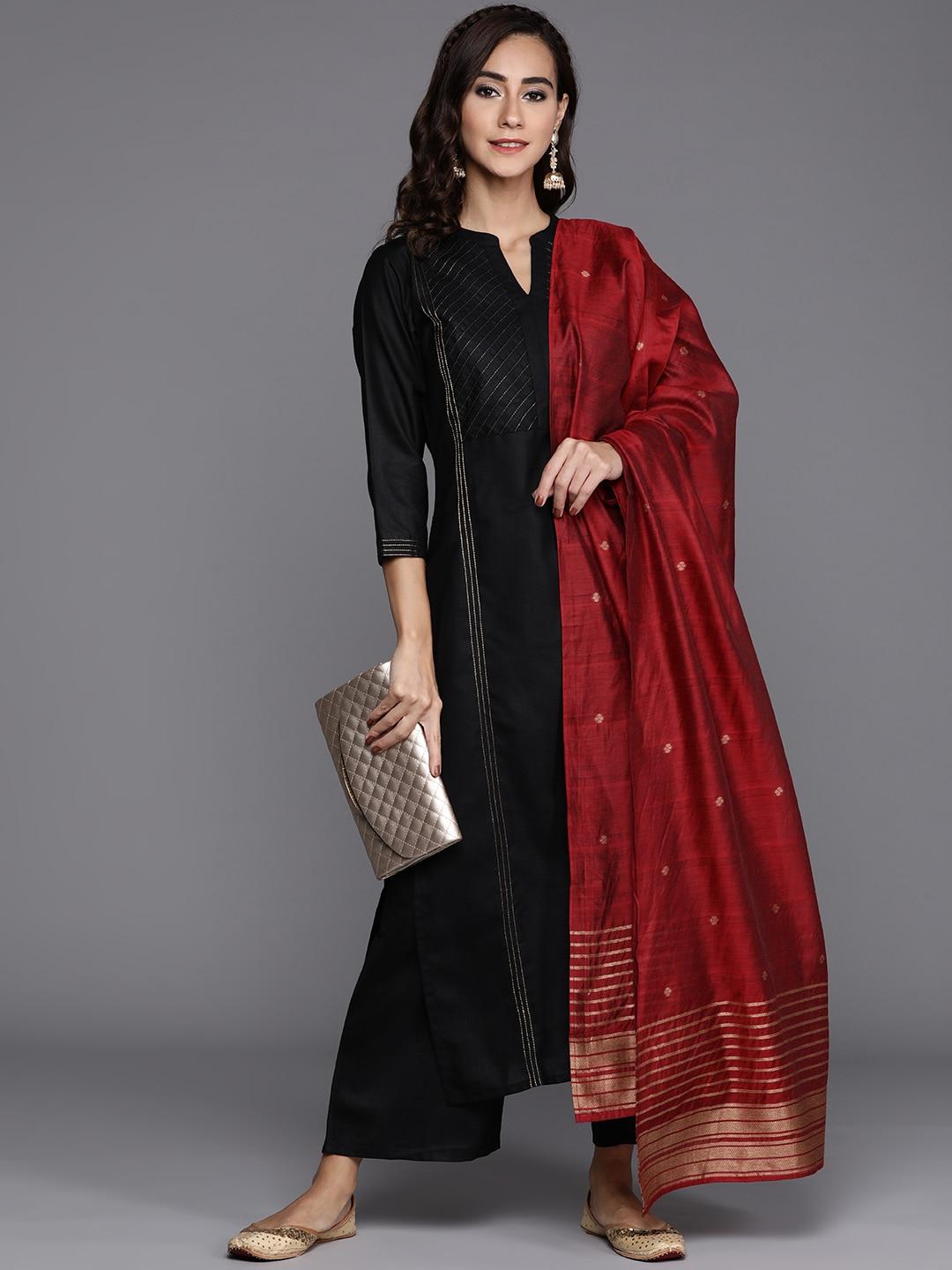 libas-women-black-pure-cotton-yoke-design-panelled-kurta-with-palazzos-&-dupatta
