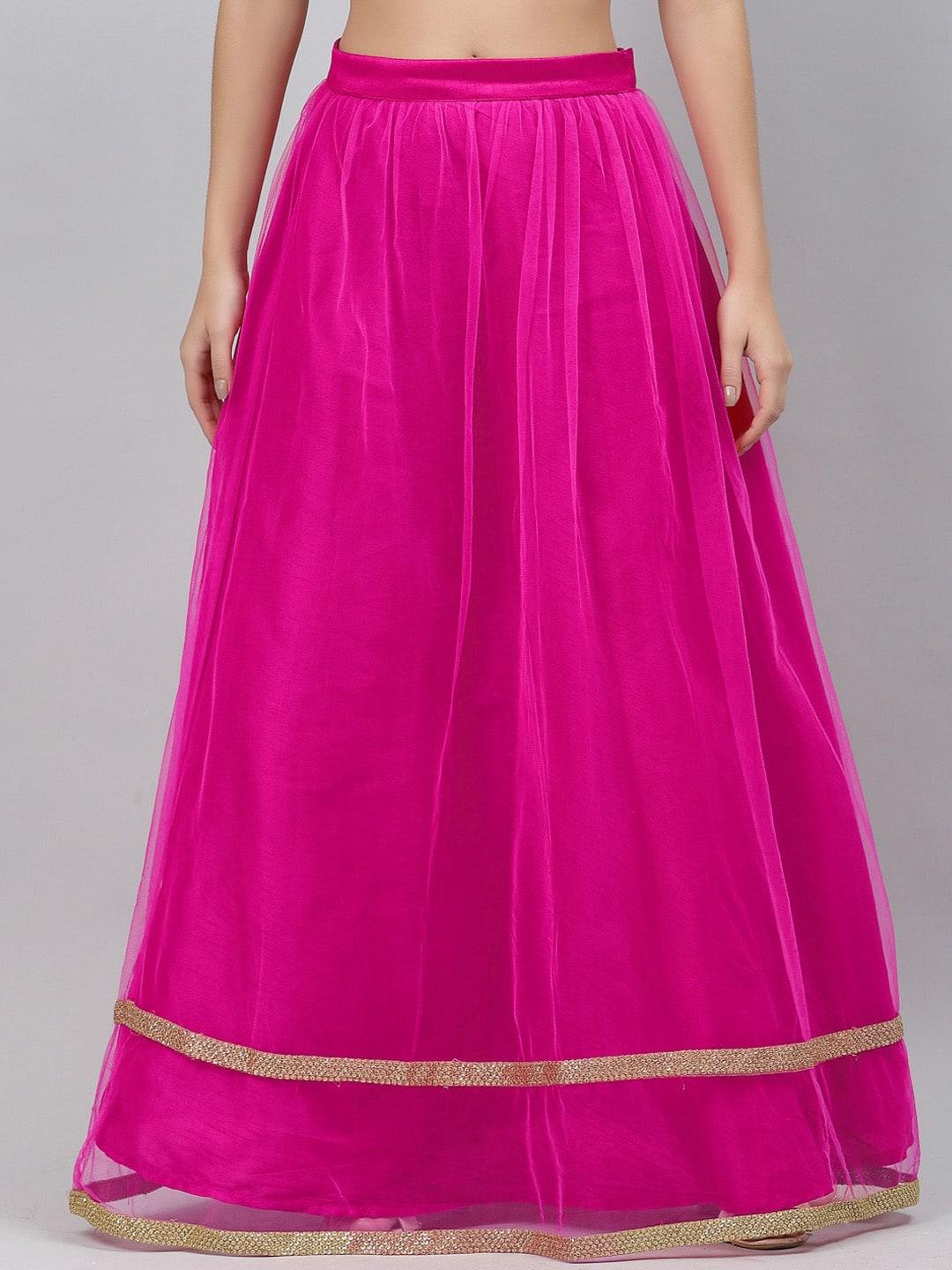studio rasa Women Magenta Pink & Gold-Colored Flared Net Sequin Embellished Maxi Skirt