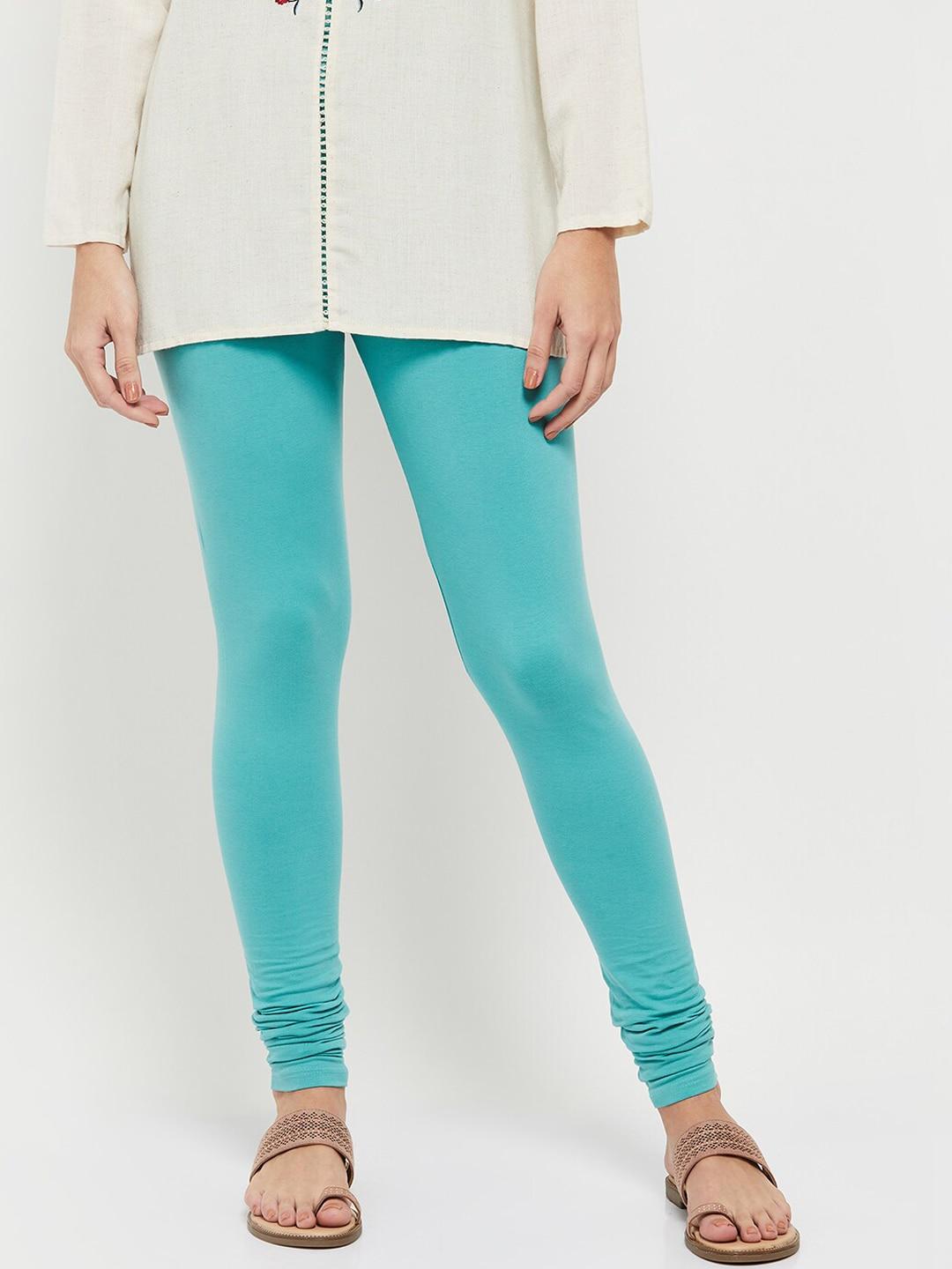 max Women Turquoise Blue Solid Churidar-Length Leggings
