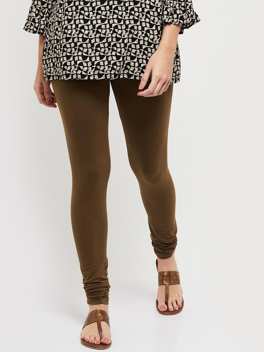 max-women-brown-solid-churidar-length-leggings