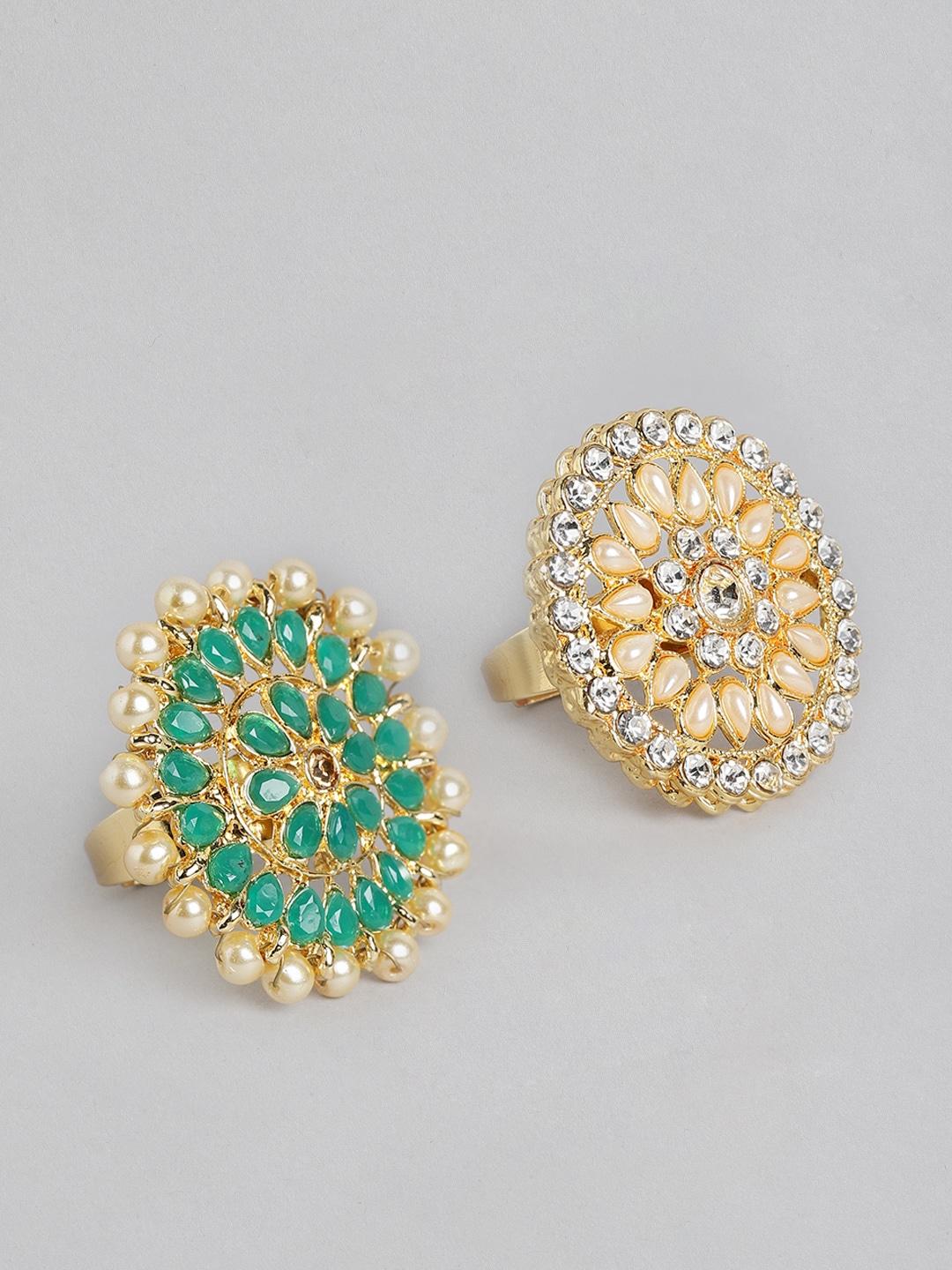 Kord Store Set of 2 Gold Plated White and Green Stone Finger Ring