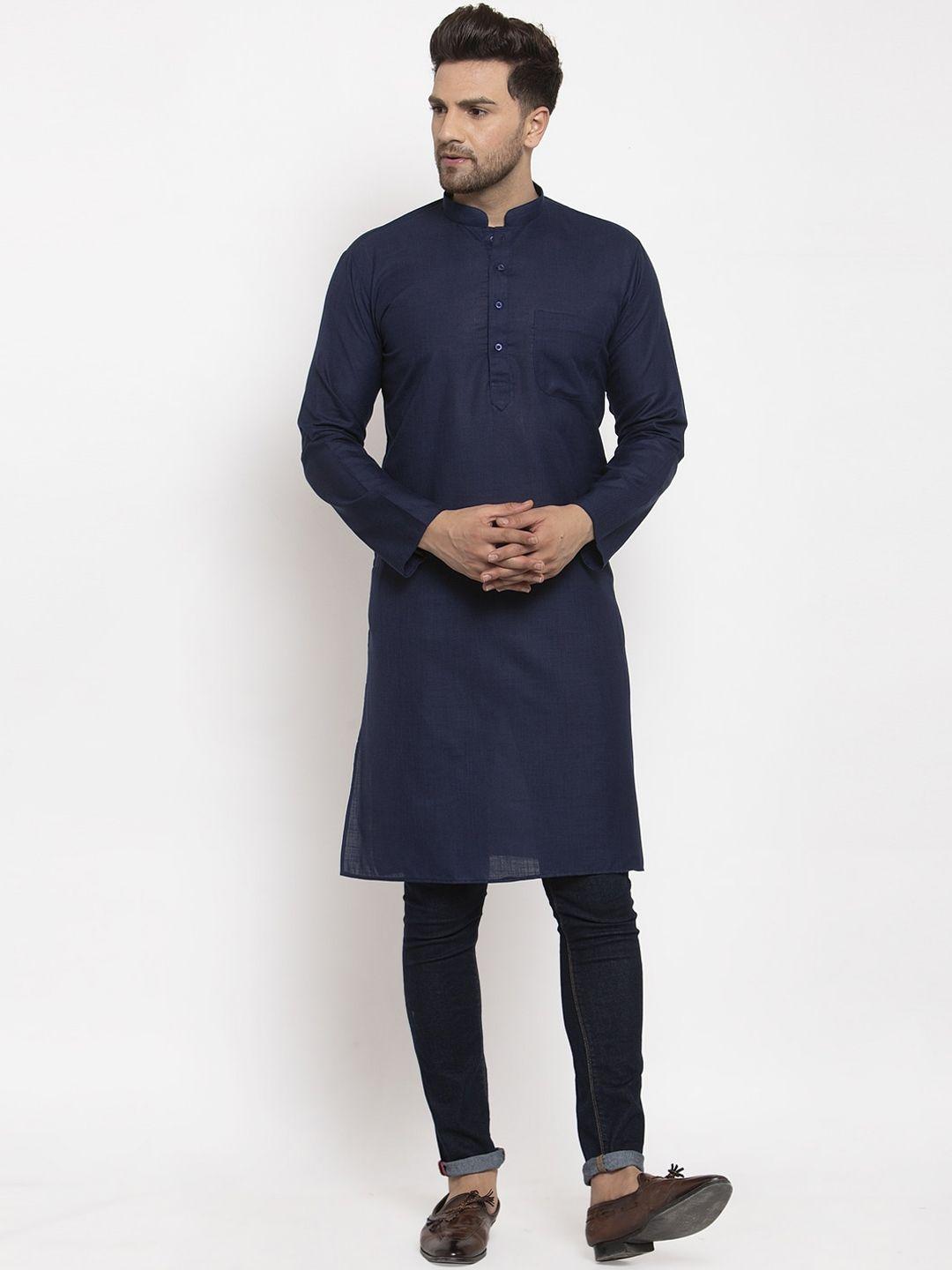 kraft-india-men-navy-blue-solid-cotton-straight-kurta
