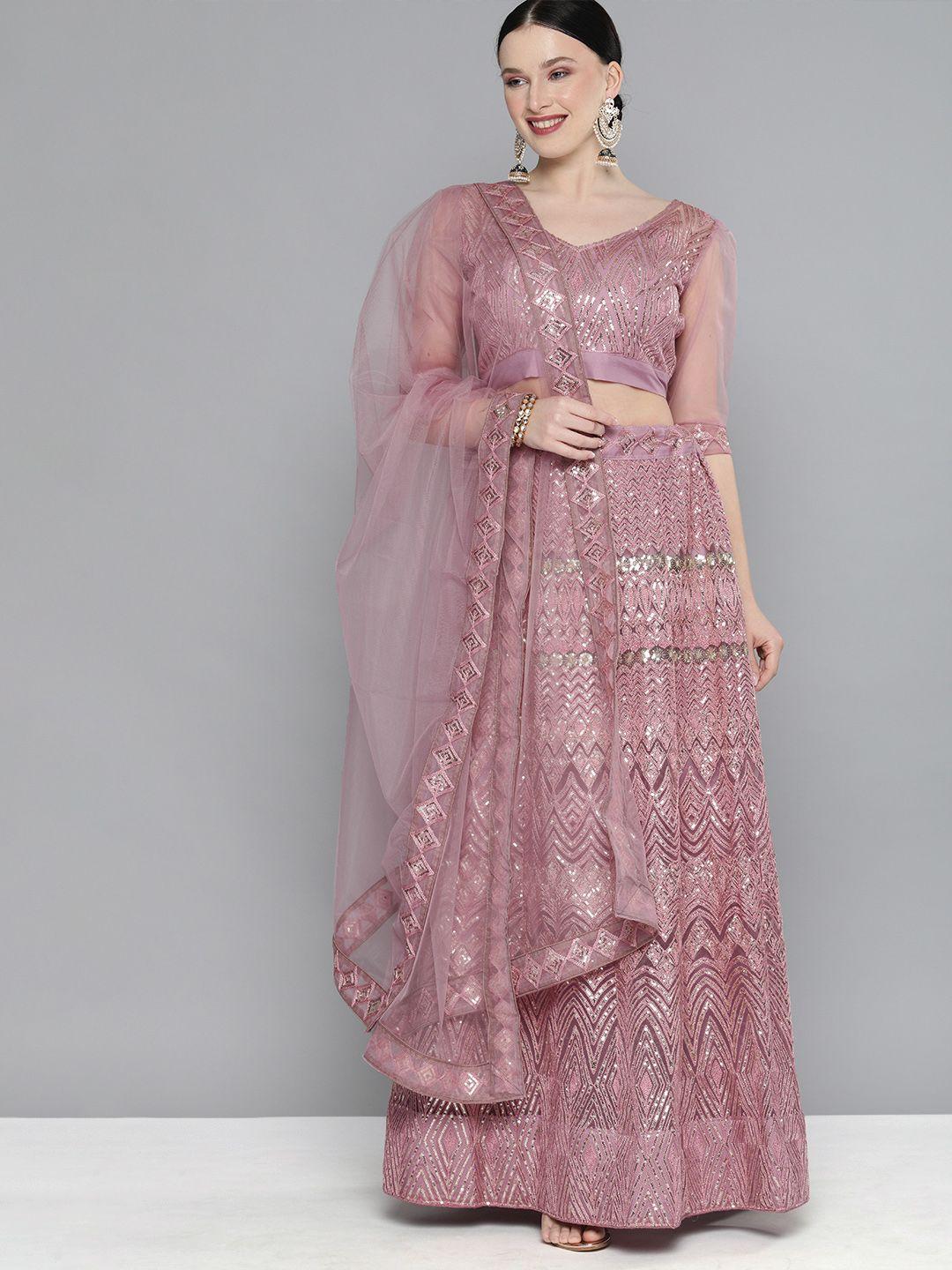 Kvsfab Pink Embellished Sequinned Semi-Stitched Lehenga & Unstitched Blouse With Dupatta