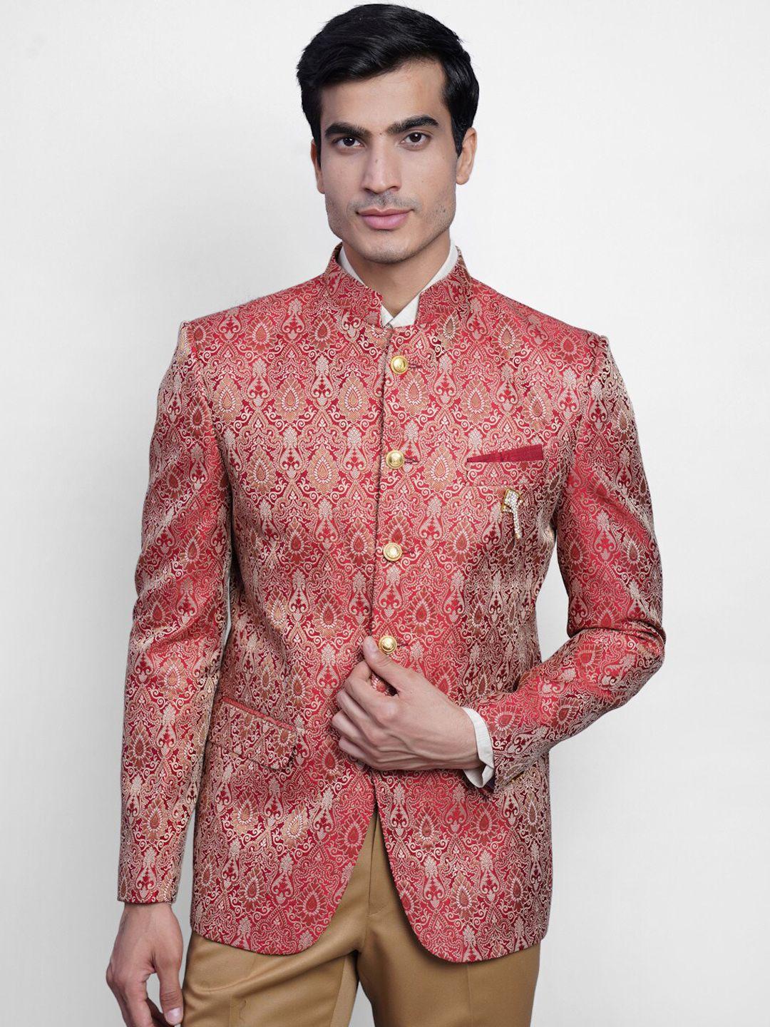wintage-men-red-&-silver-coloured-woven-design-banarasi-bandhgala-party-blazer