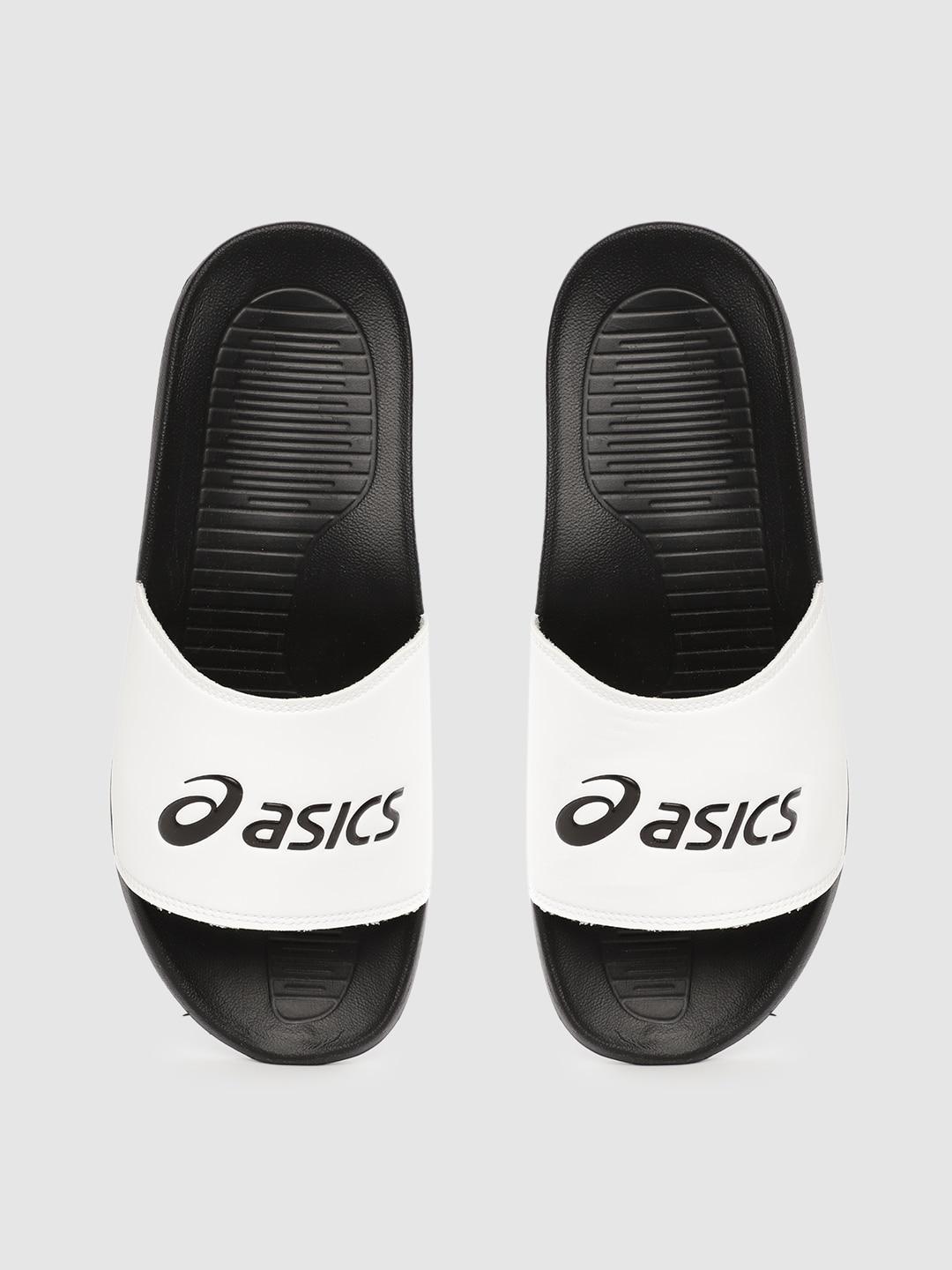 asics-unisex-white-&-black-as003-brand-logo-print-sliders