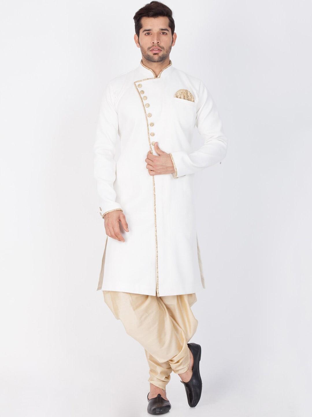 vastramay-men-white-&-gold-coloured-solid-slim-fit-sherwani-set