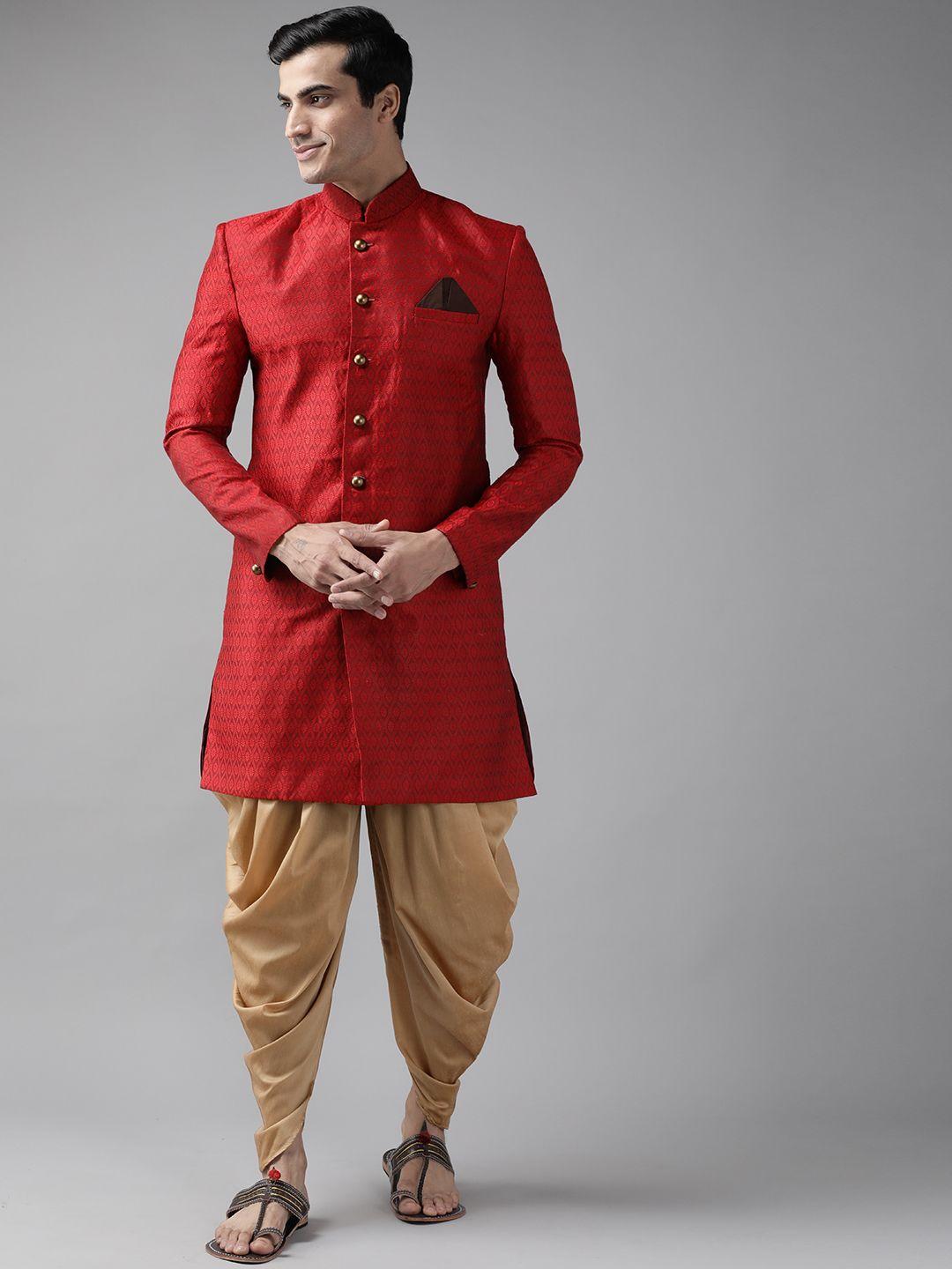 vastramay-men-red-&-golden-self-design-slim-fit-sherwani-set