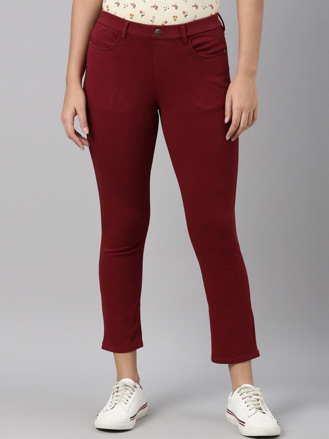 Go Colors Women Maroon Solid Super Stretch  Cropped Jeggings