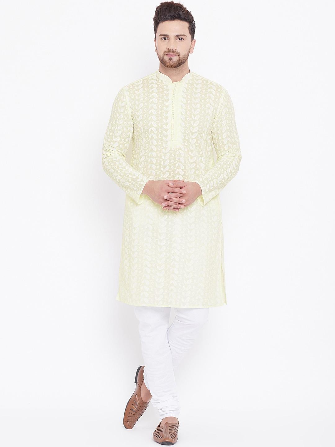 vastramay-men-yellow-&-whiten-chikankari-pure-cotton-kurta-with-churidar