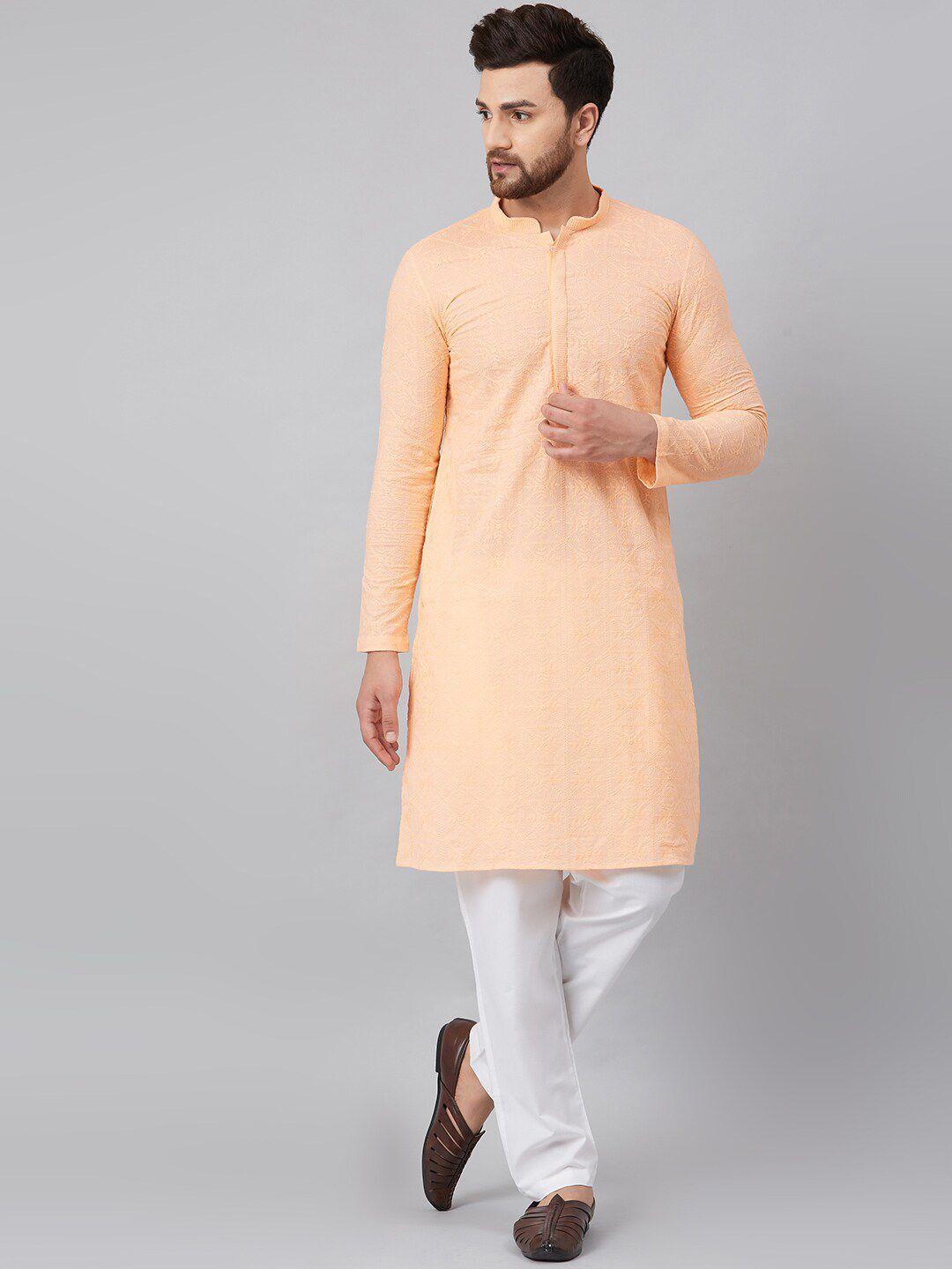 see-designs-men-peach-coloured-&-white-embroidered-chikankari-cotton-kurta-with-pyjamas