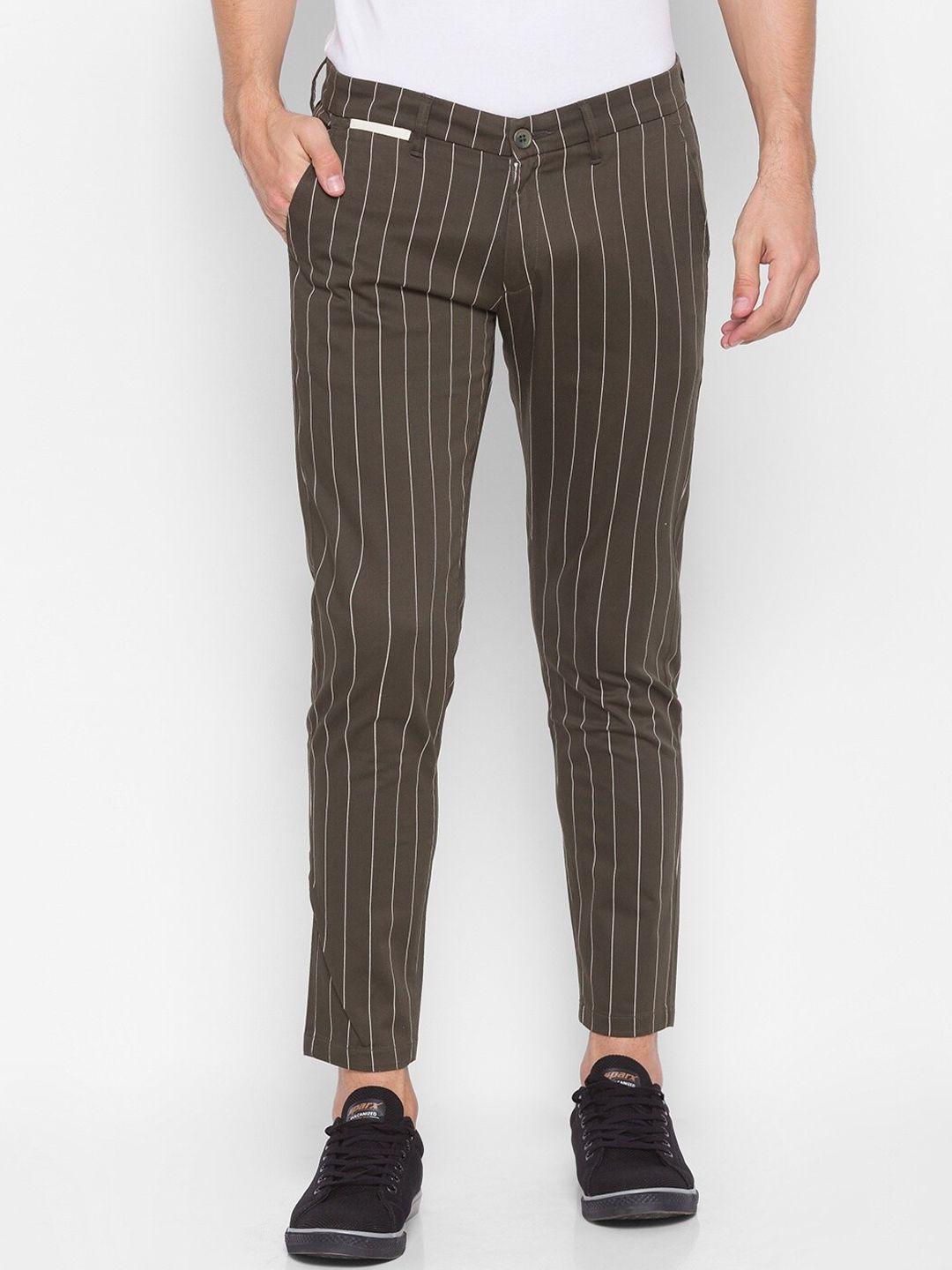 spykar-men-olive-green-striped-slim-fit-pure-cotton-trousers
