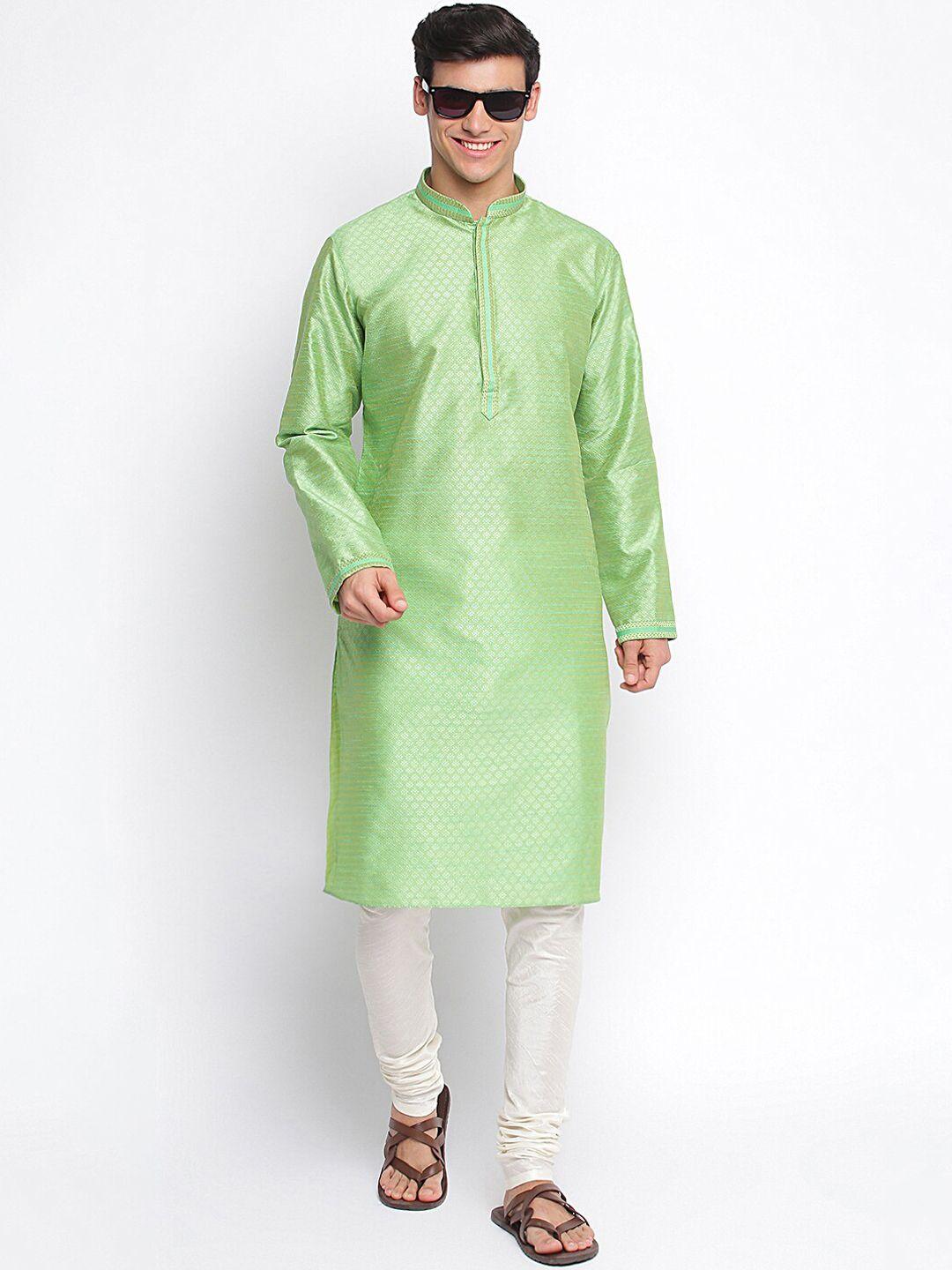 sanwara-men-green-&-silver-self-design-kurta-with-churidar