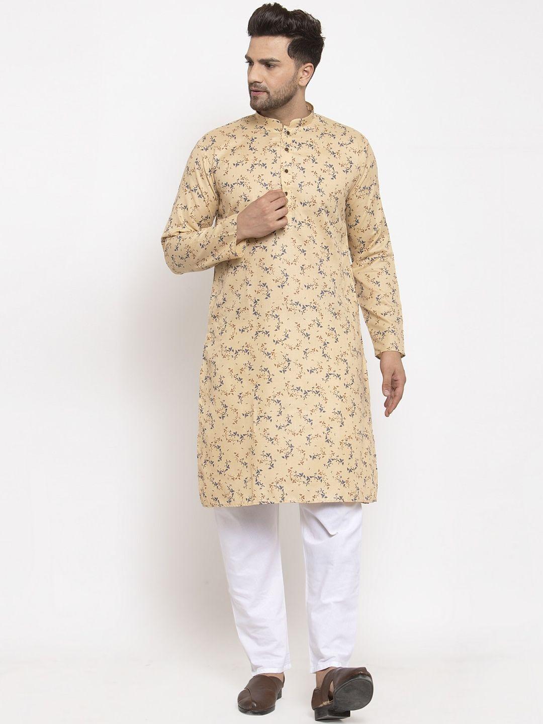 kraft-india-men-beige-&-white-ethnic-motifs-printed-regular-kurta-with-pyjamas