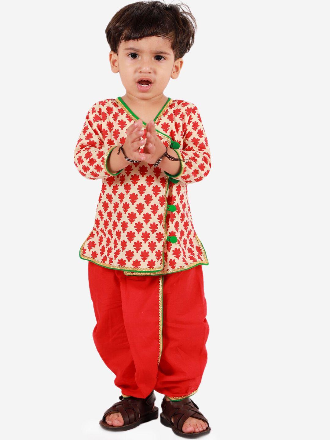 KID1 Boys Red Printed Angrakha Pure Cotton Kurta with Dhoti Pants