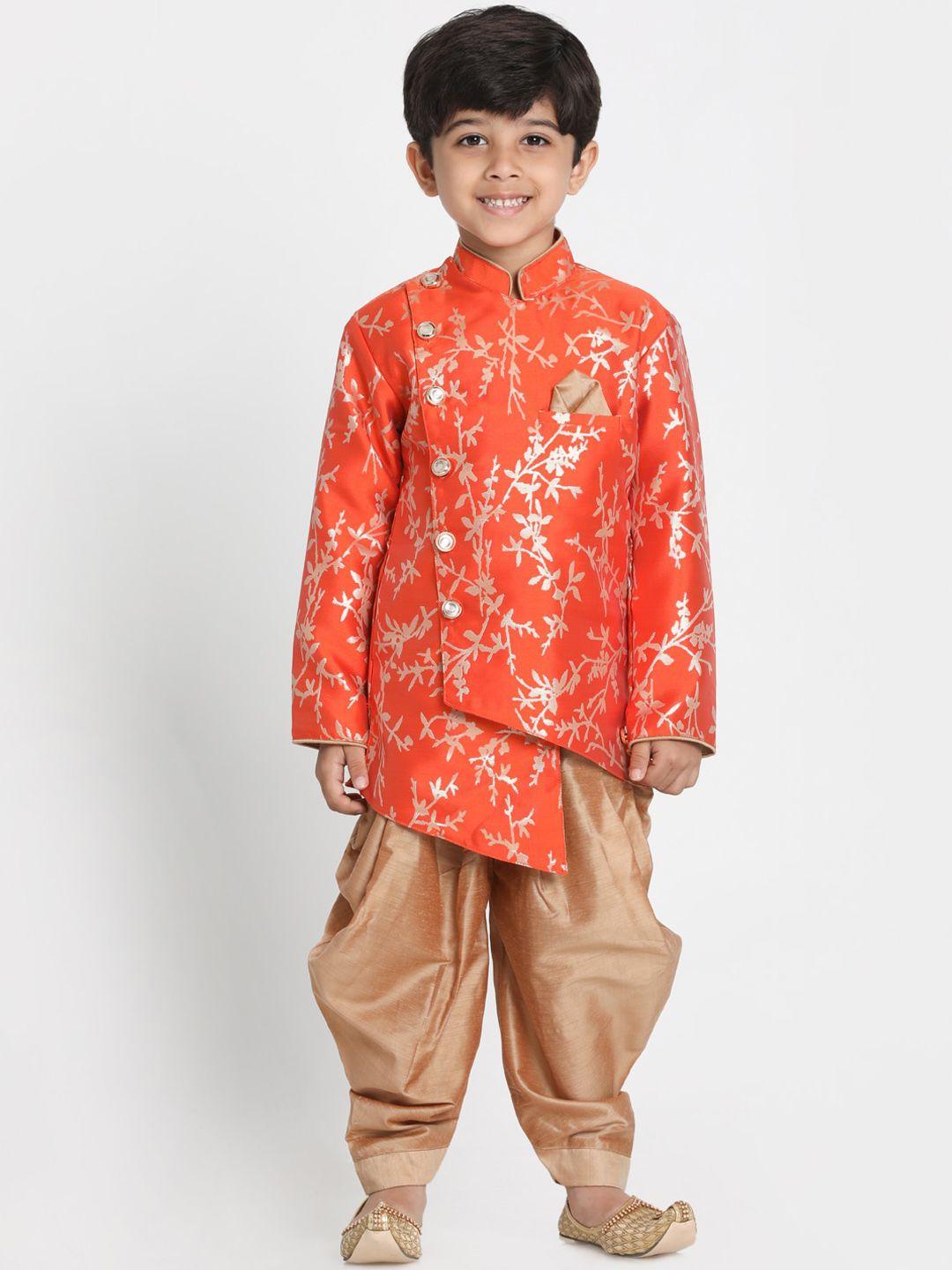 vastramay-boys-orange-&-gold-coloured-printed-slim-fit-sherwani-set