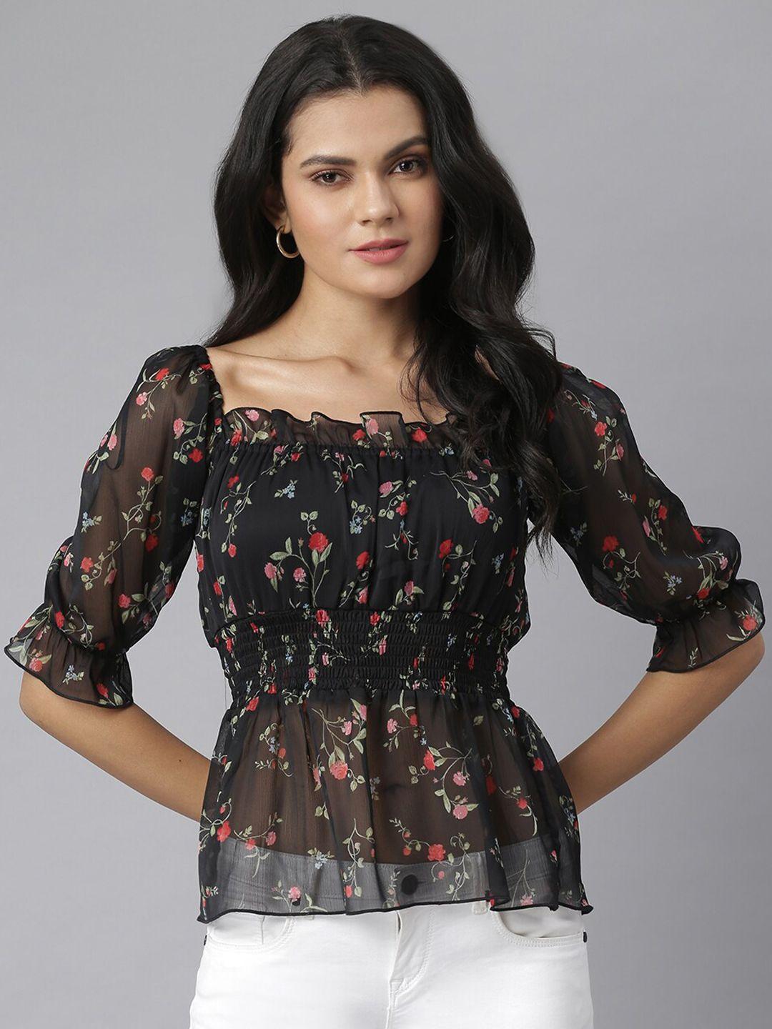 KASSUALLY Black & Red Floral Georgette Cinched Waist Top