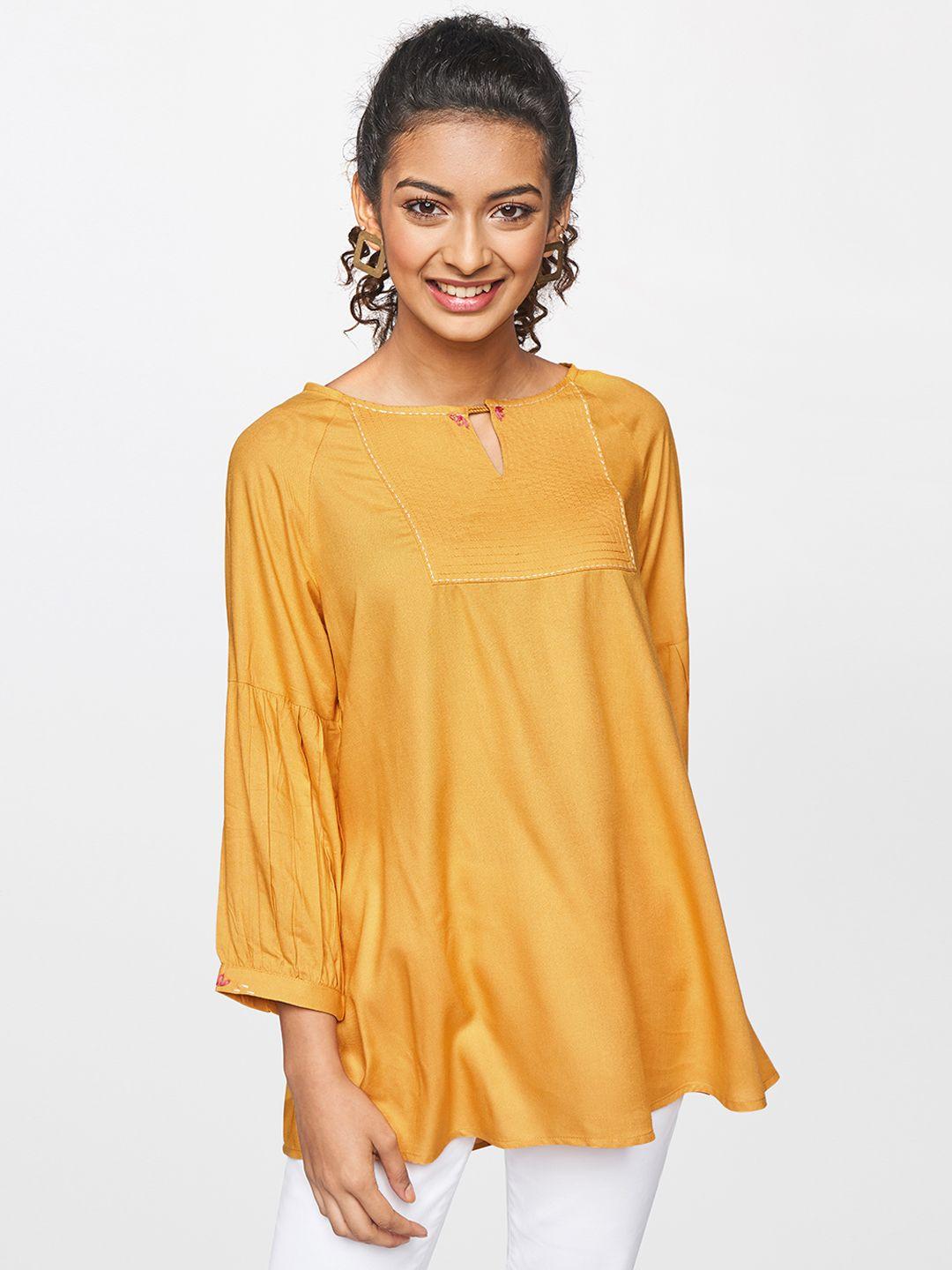 global-desi-women-mustard-yellow-solid-keyhole-neck-a-line-top
