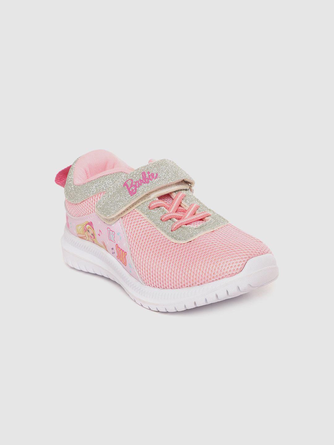 toothless-girls-pink-&-silver-toned-woven-design-barbie-print-running-shoes