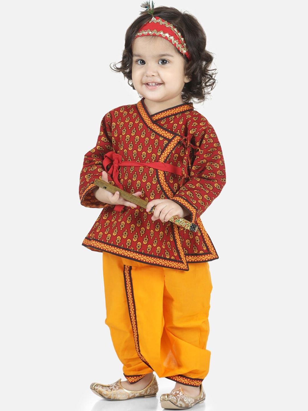 bownbee-boys-red-ethnic-motifs-printed-cotton-kurta-set-with-bansuri-mukut-&-band