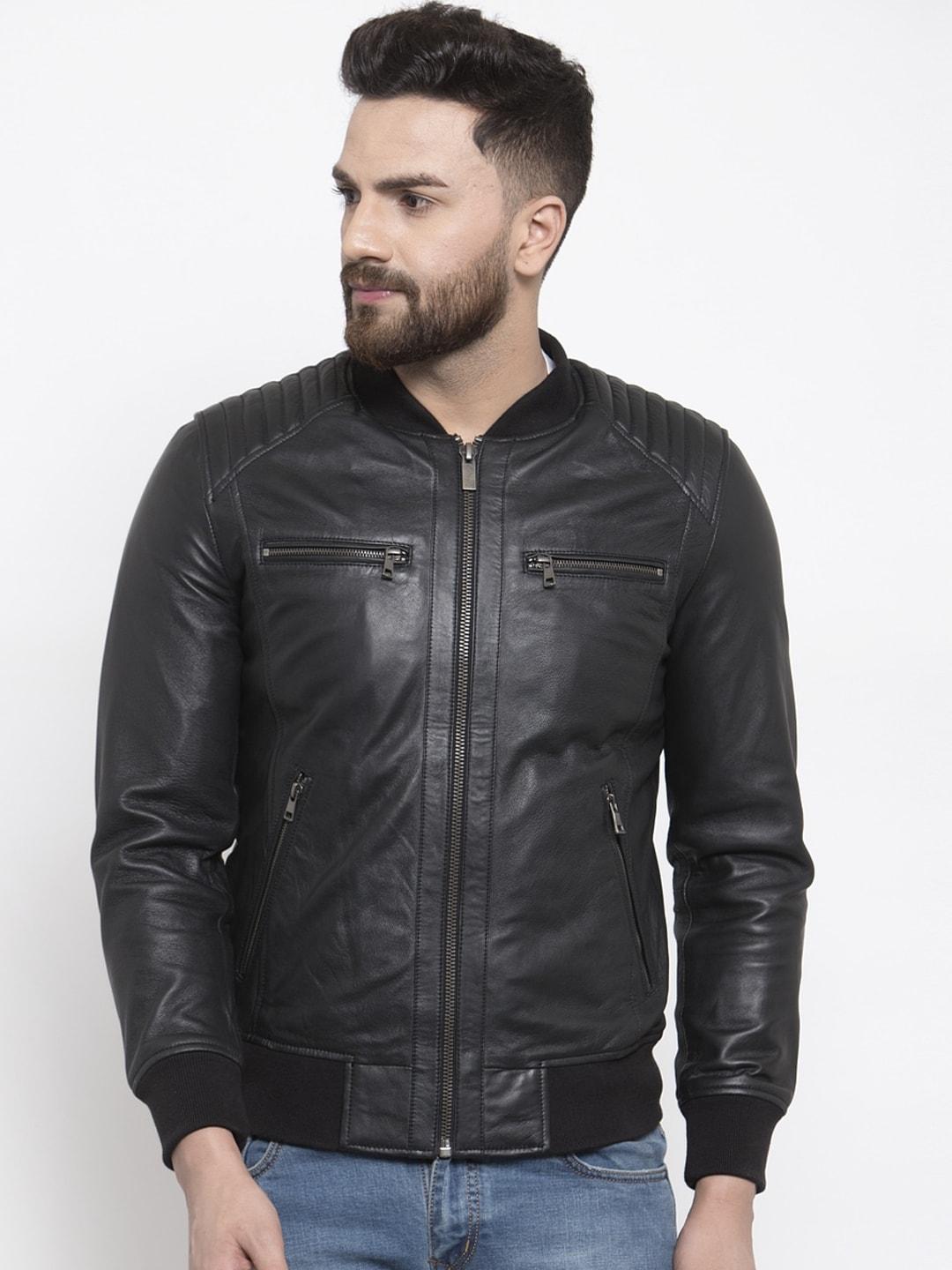 WELBAWT Men Black Leather Jacket