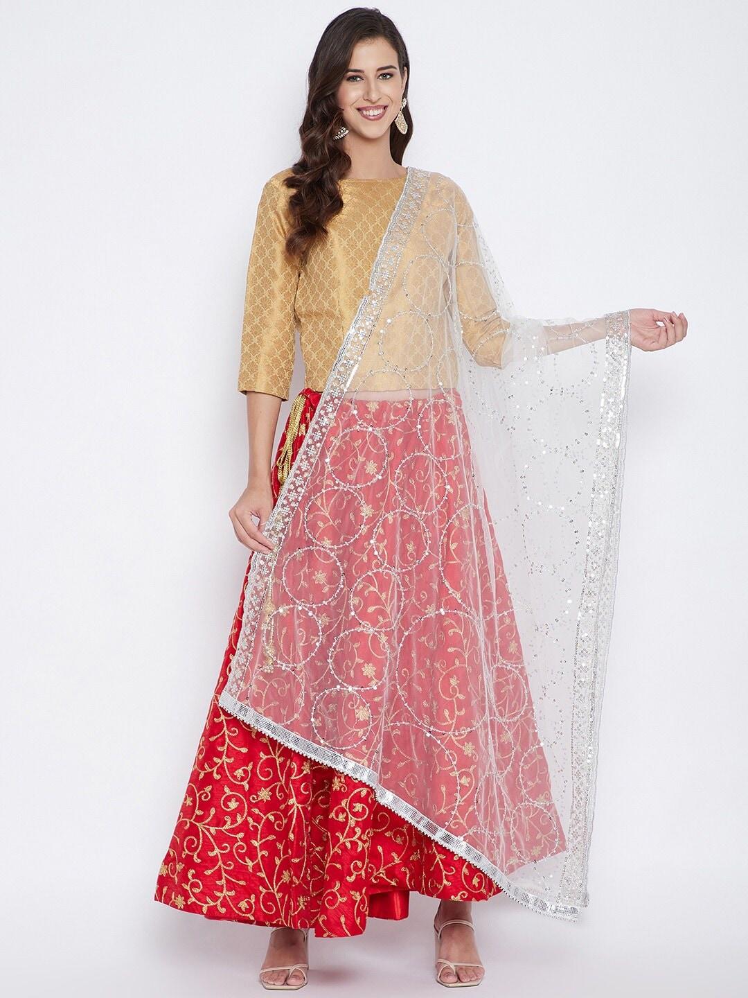 Clora Creation White & Silver-Coloured Embroidered Dupatta with Sequinned
