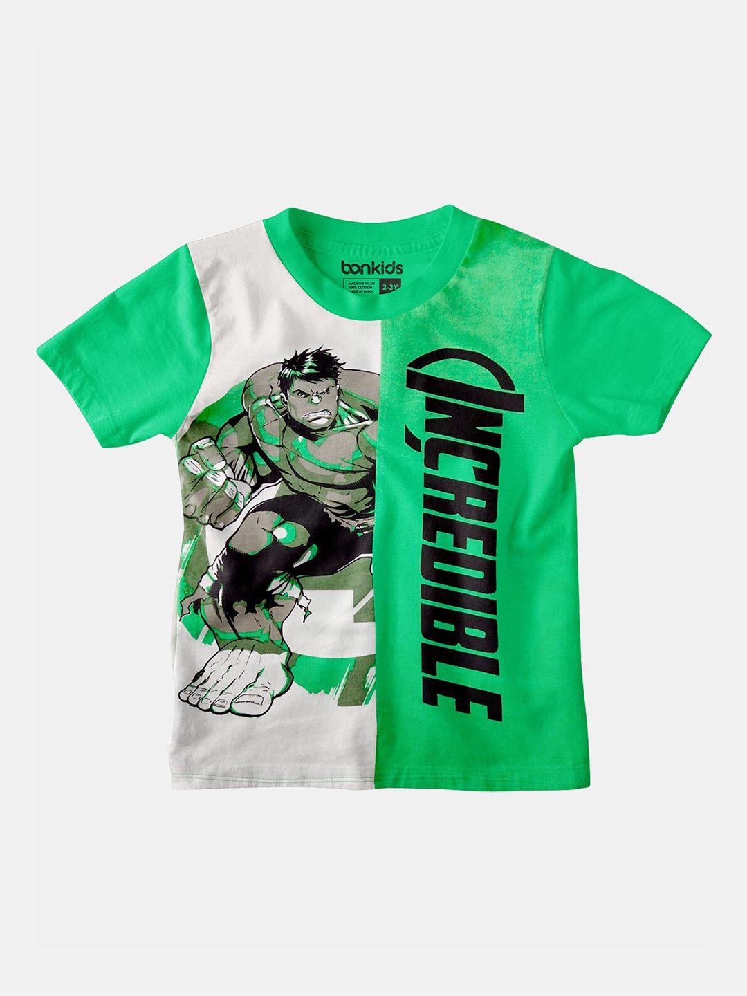 BONKIDS Boys Green  Black The Hulk Incredible Graphic Printed Slim Fit Pure Cotton T-shirt