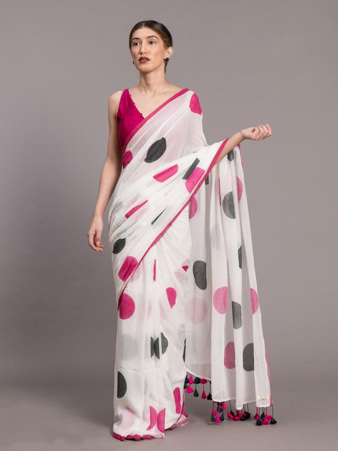 Suta White & Pink Polka Dot Printed Pure Cotton Saree