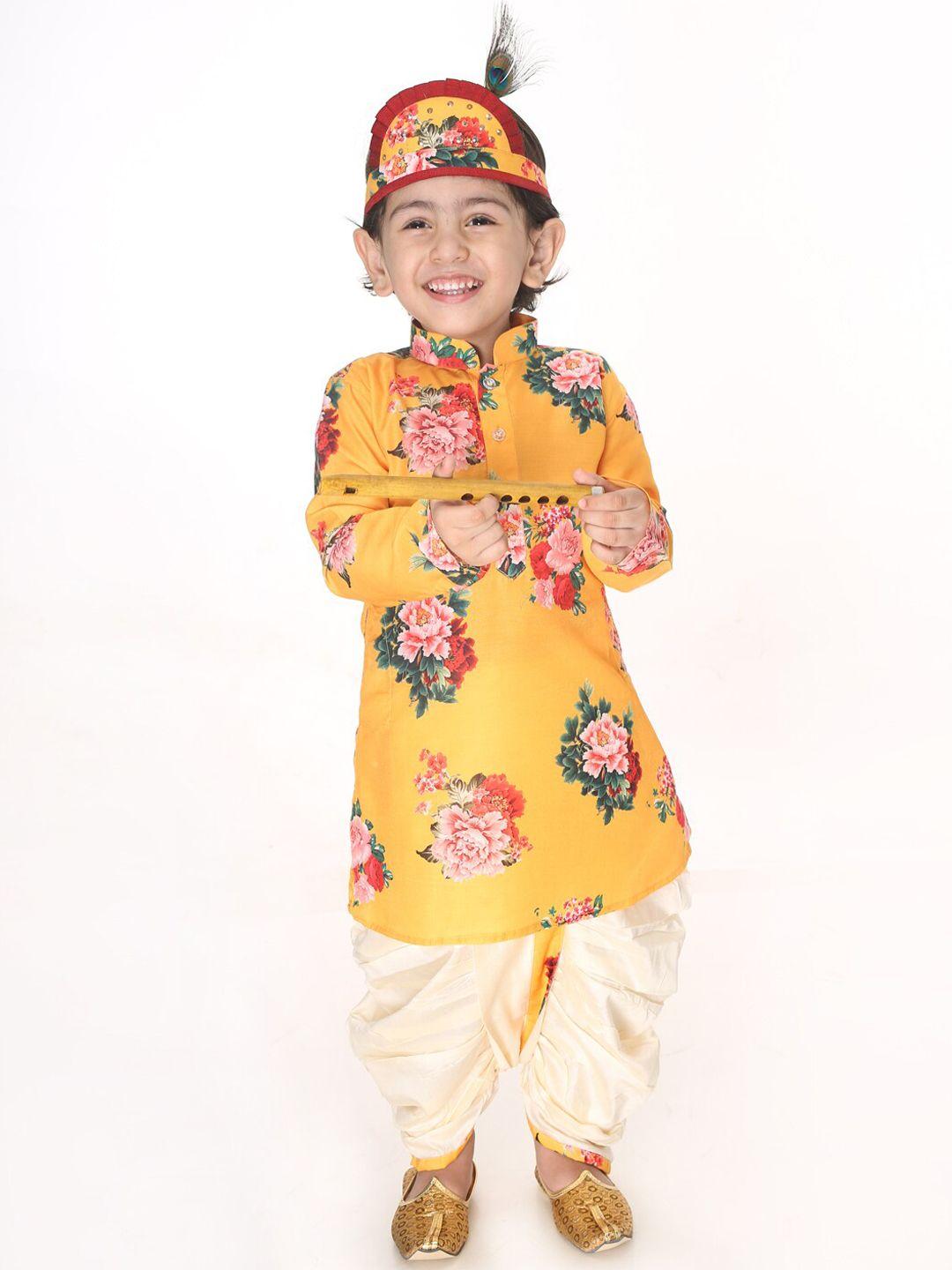 VASTRAMAY SISHU Boys Yellow Floral Printed Regular Kurta with Dhoti Pants