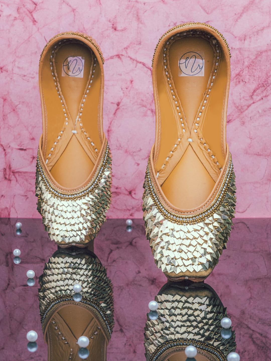 NR By Nidhi Rathi Women Gold-Toned Embellished Leather Ethnic Mojaris