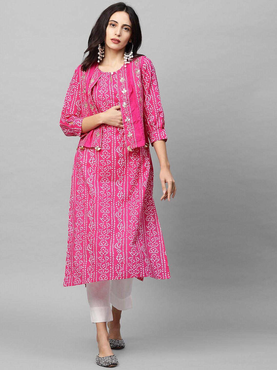 FASHOR Women Pink Bandhani Printed Layered Pure Cotton Kurta with Trousers