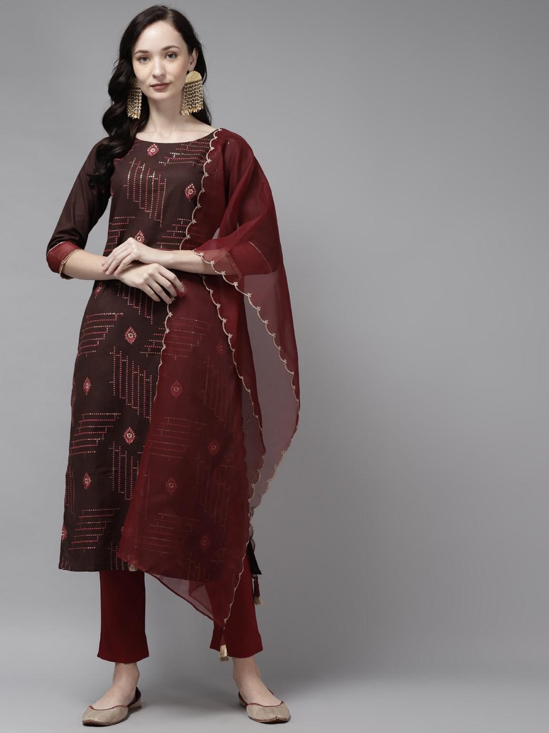 Indo Era Women Brown & Pink Embroidered Cotton Kurta with Trousers & With Dupatta