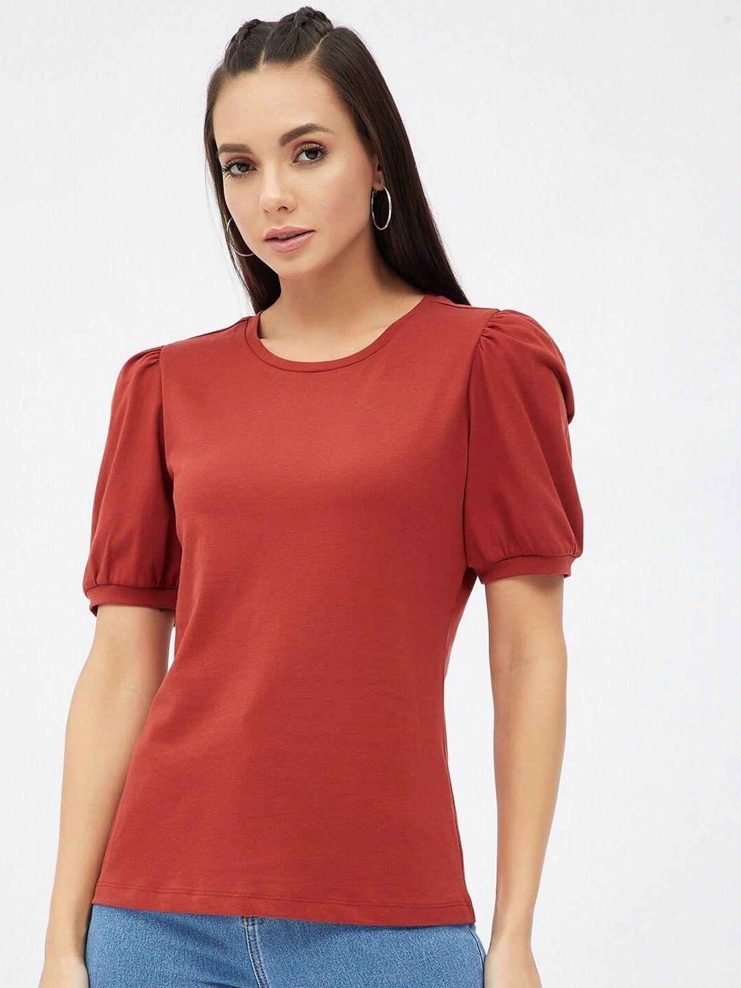 harpa-women-rust-solid-puff-sleeves-t-shirt