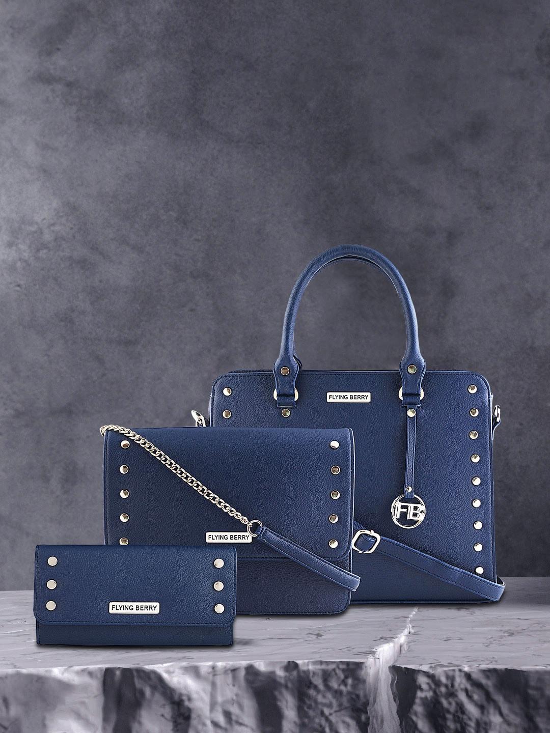 Flying Berry Women Set Of 3 Blue Embellished Handbag With Sling Bag And Wallet