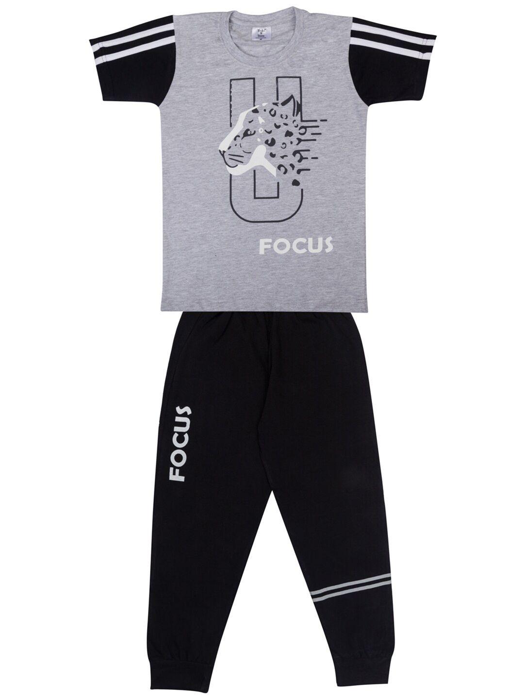 Todd N Teen Boys Grey & Black Printed Pure Cotton T-shirt with Trousers