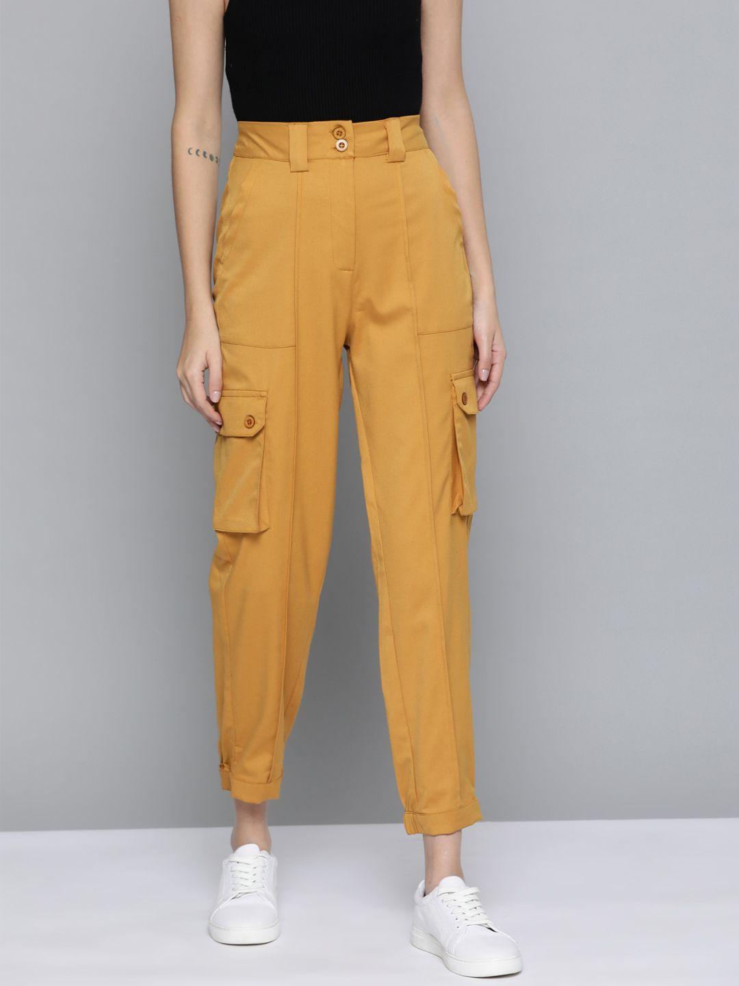 mast-&-harbour-women-mustard-brown-solid-cargos-trousers