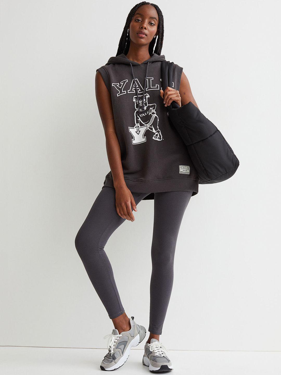 H&M Women Charcoal Printed Sleeveless Hoodie