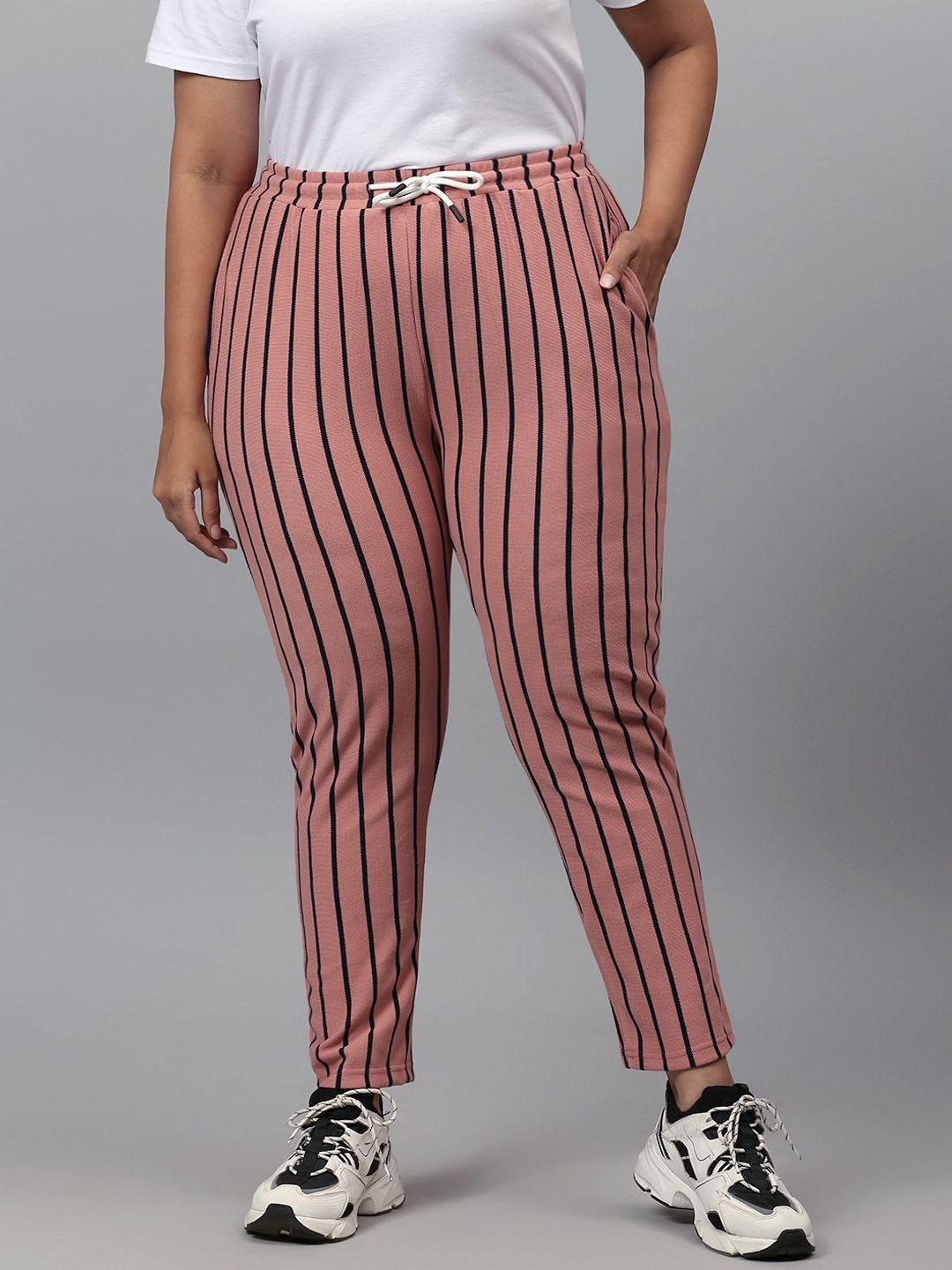 Instafab Plus Women Pink & Black Striped Relaxed-Fit Cotton Track Pants