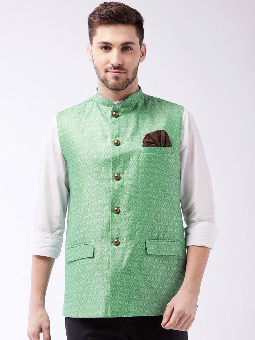 VASTRAMAY Men Green Woven Design Nehru Jacket