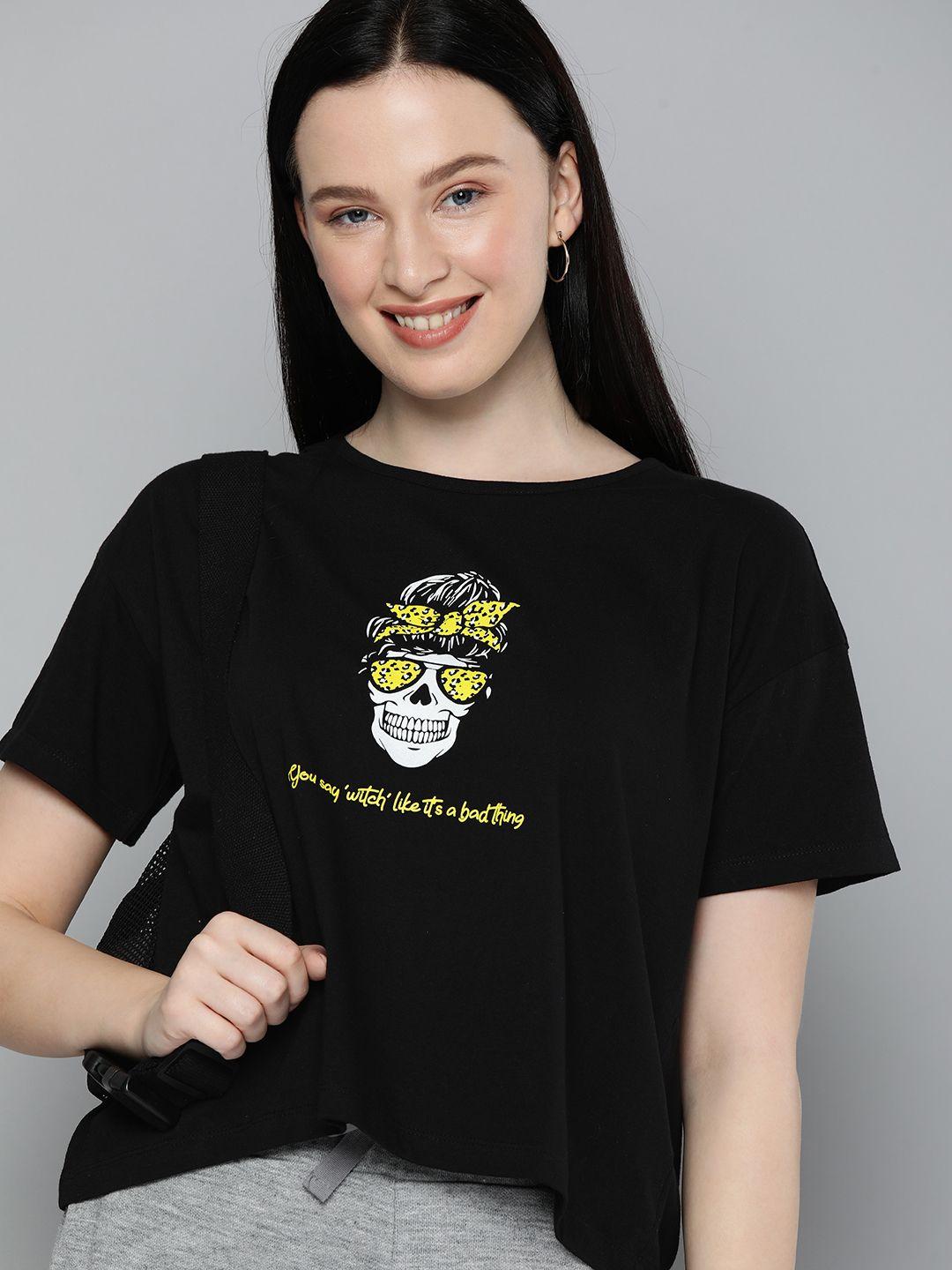 HERENOW Women Black Printed Pure Cotton T-shirt