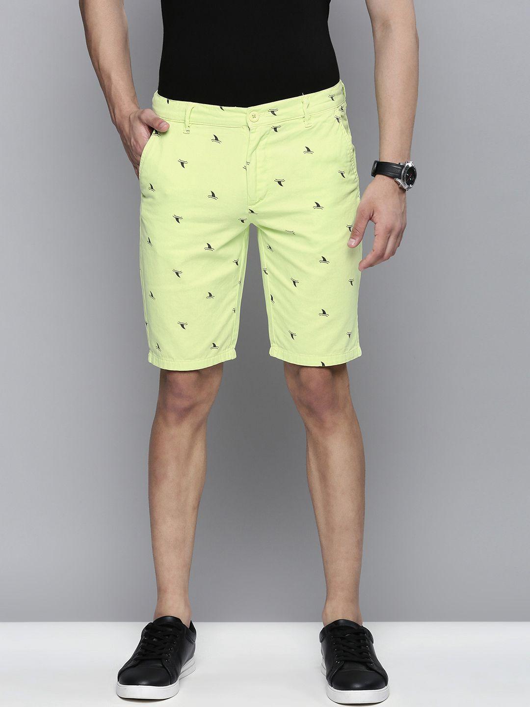 The Indian Garage Co Men Lime Green Printed Slim Fit Chino Shorts