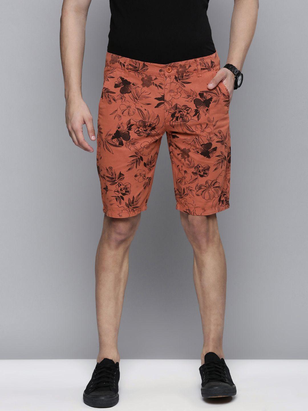 the-indian-garage-co-men-rust-floral-printed-slim-fit-regular-shorts