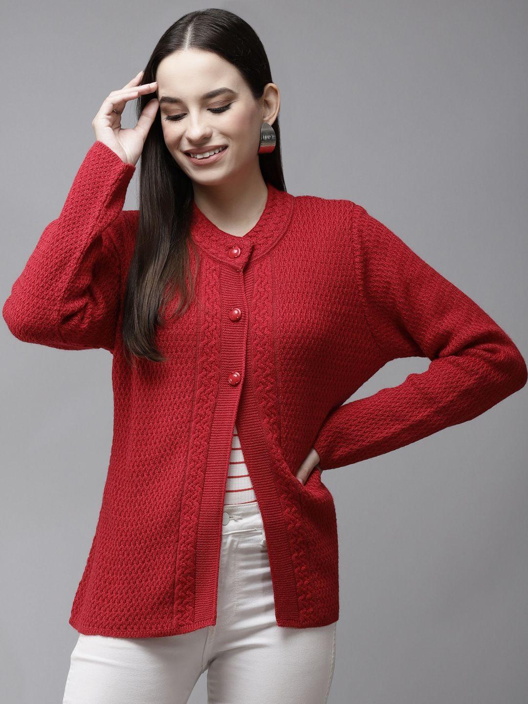 cayman-women-red-self-design-woollen-cardigan