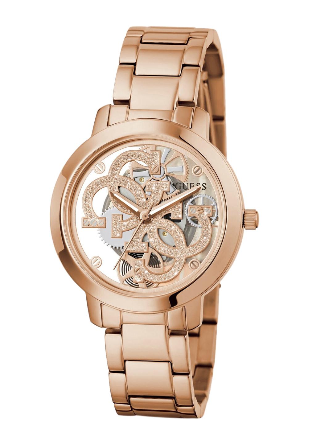 GUESS Women Rose Gold-Toned Embellished Dial Bracelet Style Straps Watch GW0300L3